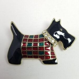 Vintage Scottie Dog Westie Brooch in Plaid Sweater Rhinestone Collar, Black Red